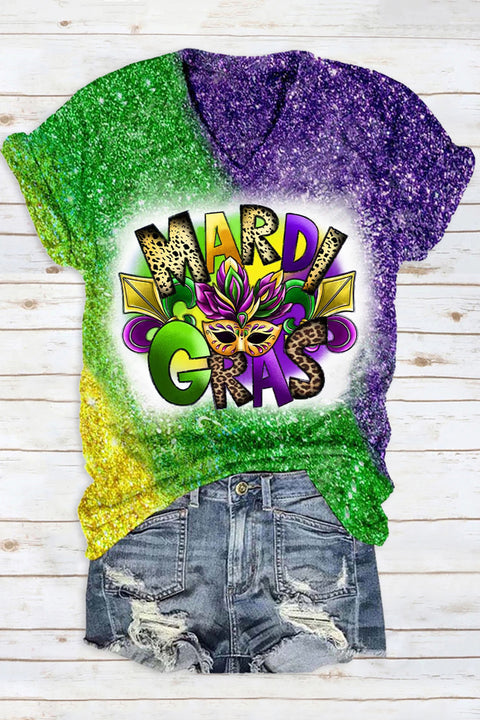 Glitter Mardi Gras Carnival Mask Print T-Shirt V Neck Short Sleeve T-shirt