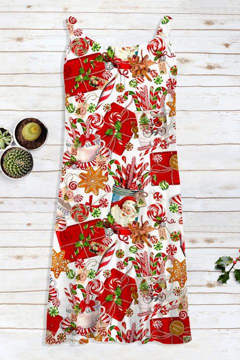 Christmas Candy And Santa Print Sleeveless Dress