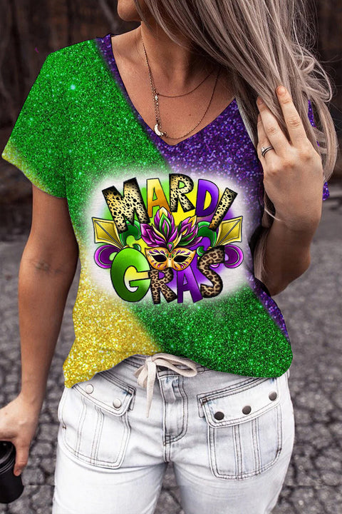 Glitter Mardi Gras Carnival Mask Print T-Shirt V Neck Short Sleeve T-shirt