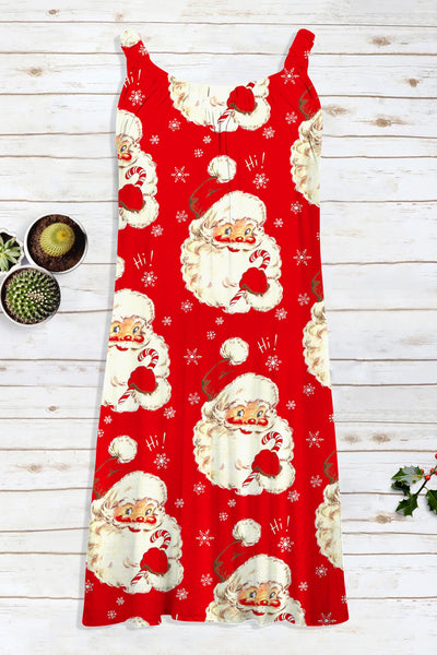 Retro Vintage Red Santa Claus Print Sleeveless Dress