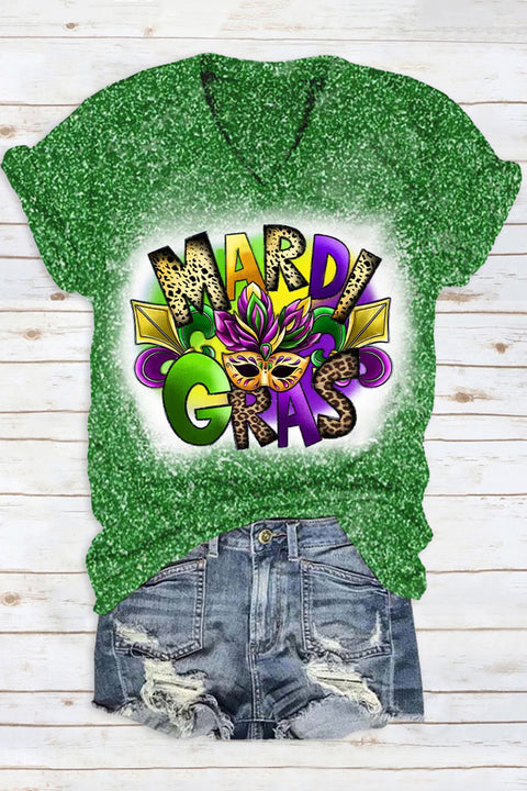 Glitter Mardi Gras Carnival Mask Print T-Shirt V Neck Short Sleeve T-shirt