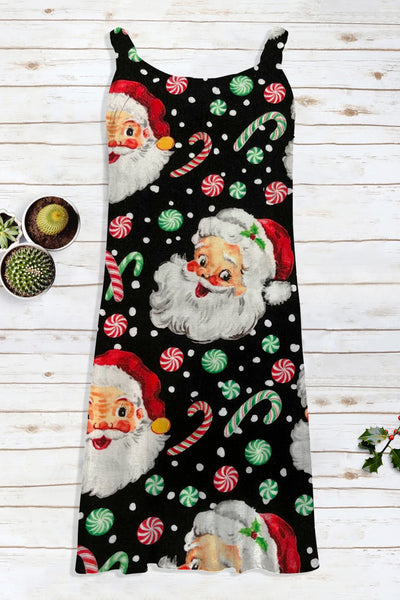 Retro Vintage Jolly Santa Claus Print Sleeveless Dress