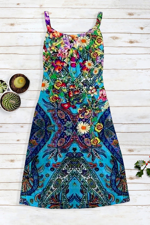 Peacock Blue Retro Floral Print Sleeveless Dress