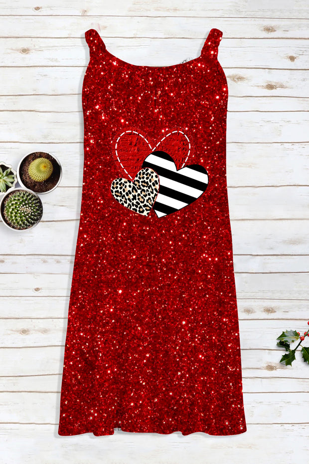 Love Red Sequin Leopard Heart Beach Sleeveless Dress