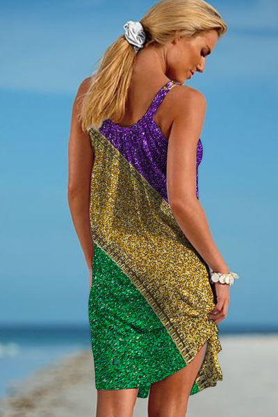 Retro Mardi Gras Carnival Purple Green And Gold Color Block Glitz Print Sleeveless Dress