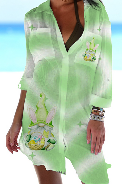 Easter Spring Green Love Gnomes and Easter Eggs Print Patch Front Pockets Shirt