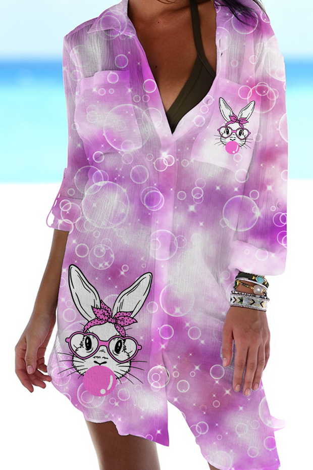 Easter Bunny Bubble Gum Blowing Rabbit Print Patch Front Pockets Shirt
