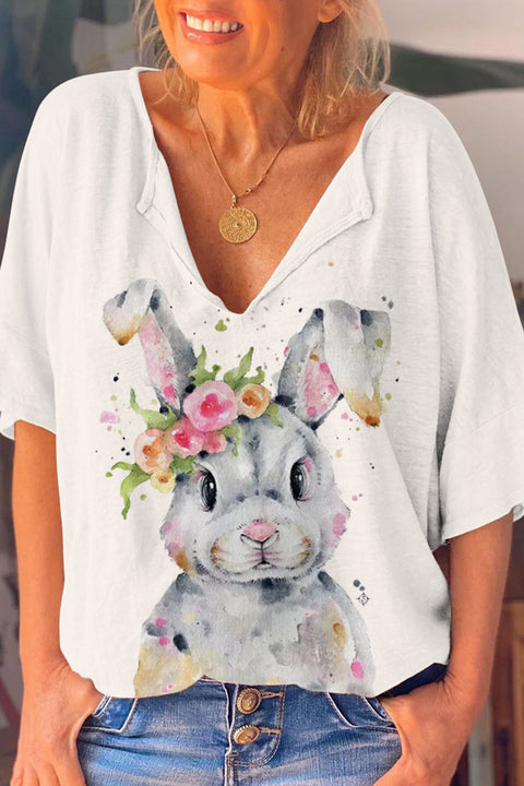 Bunny Rabbit Wearing Spring Flower Wreath  Multicolor Ink Dots Printed Casual Dolman Sleeves Tee