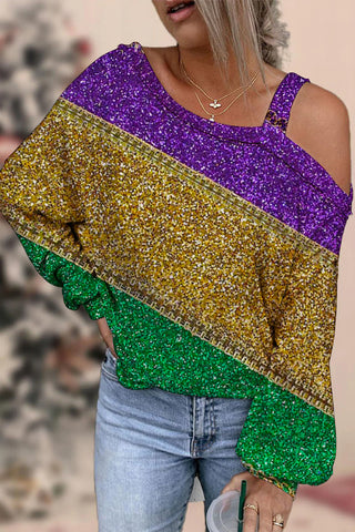 Retro Mardi Gras Carnival Purple Green And Gold Color Block Glitz Print Off-Shoulder Blouse