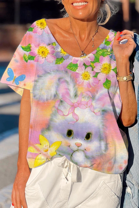 Dreamy Easter Bunny & Flowers Raw Edges Loose T-Shirt