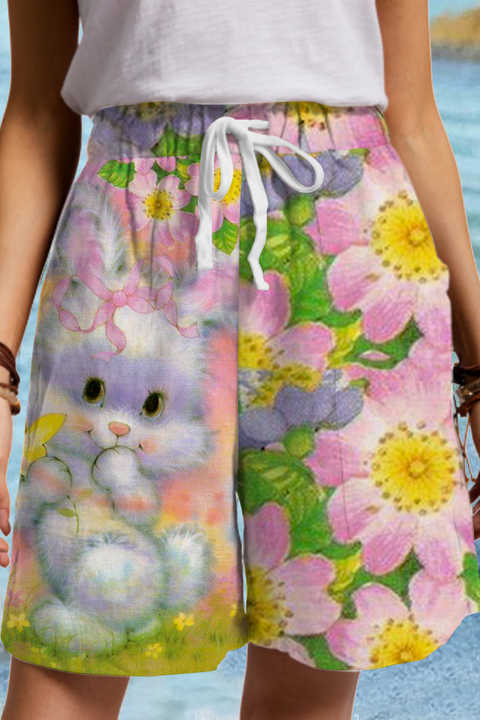 Dreamy Easter Bunny & Flowers Drawstring Waist Casual Shorts