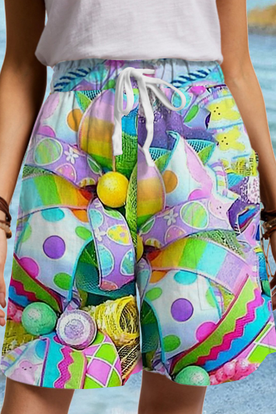 Happy Easter Colorful Patterns of Easter Decorations Drawstring Waist Casual Shorts