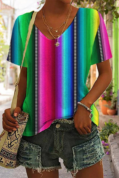 Cinco De Mayo Mexican Western Striped Print V Neck T-shirt