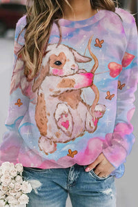 Cute Cupid Bunny Shoots Heart Arrow Tie Dye Printed Sweatshirt