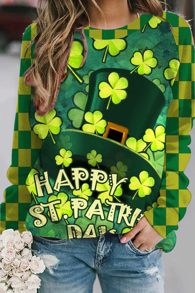 Green Plaid Happy St.Patrick's Day Hat With Shamrocked Print Sweatshirt