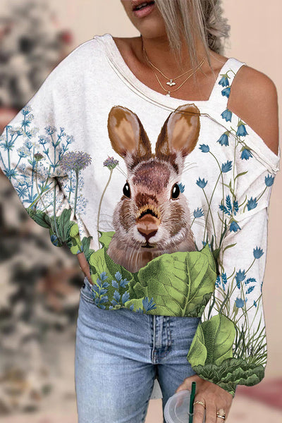 Cute Easter Bunny In The Green Plants Printed Off-Shoulder Blouse