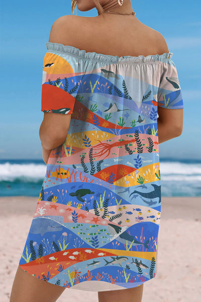 Beach Ocean Illustration Ruffled Boat Neck Strapless Dress