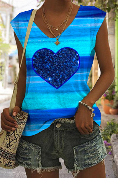 Glitter Heart Sparkles Blue Striped Print Tank Top