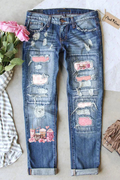 Coffee Valentine Lover Print Jeans