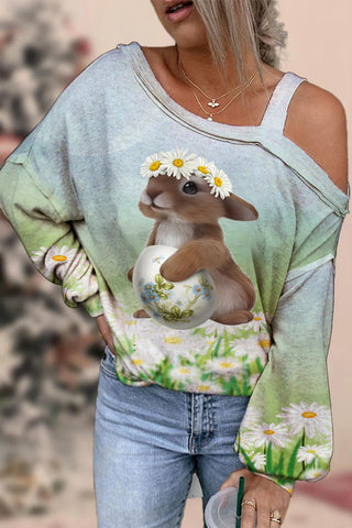 3D Cute Bunny Wearing A Daisy Wreath Spring Flowers Printed Off-Shoulder Blouse