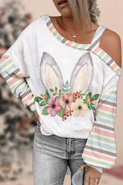 Easter Day Pink Floral Bunny Stripe Off-Shoulder Blouse