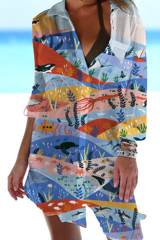 Beach Ocean Illustration Patch Front Pockets Shirt