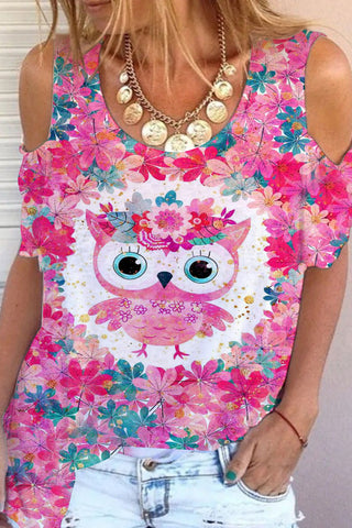 Cute Pink Floral Owl Print Cold Shoulder T-Shirt