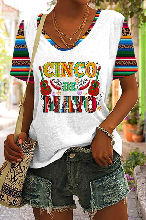 Cinco De Mayo With Sombrero Hat And Peppers Print V Neck T-shirt