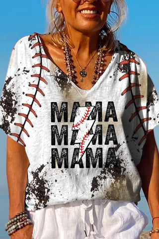 Casual Baseball T-Ball Mama Lightning Bolt Printed Dolman Sleeves Tee