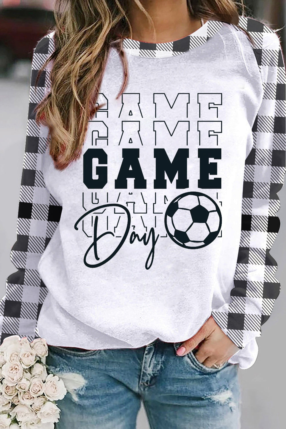 Game Day Soccer Ball Print Plaid Sweatshirt