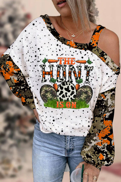 Casual The Hunt Is On Happy Easter ArmyGreen Carrot Eggs Printed Off-Shoulder Blouse