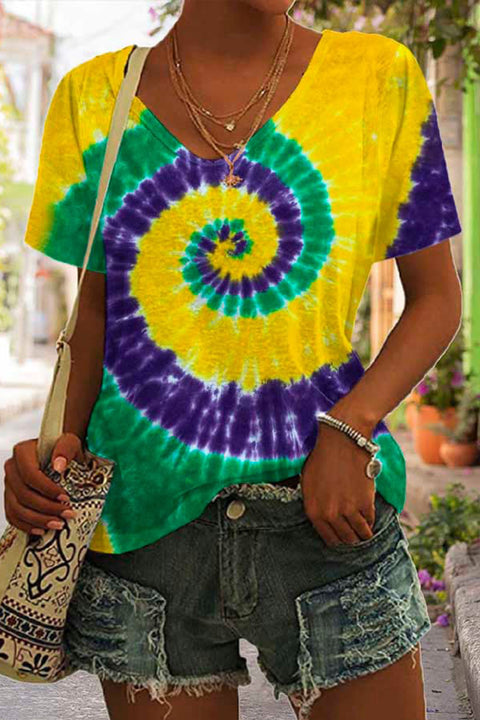 Vintage Mardi Gras Purple Green And Gold Tie Dye Print V Neck T-Shirt