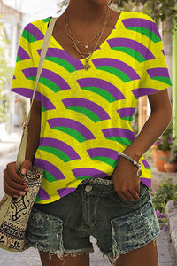 Abstract Mardi Gras Carnival Purple Green And Gold Color Block Print V Neck Short Sleeve T-shirt