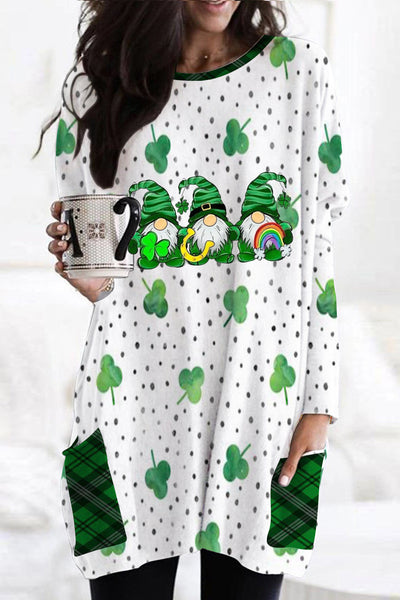 Green Lucky Clover Gnomies Loose Tunic With Pockets