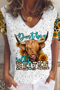 Don't Be A Salty Heifer Long Haired Cow Western Leopard Sunflower Turquoise Print V Neck T-shirt