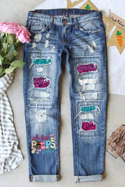 Oh For Peeps Sake Funny Easter Bunny Polka Print Ripped Denim Jeans