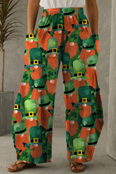 Vintage Gnome Leprechuans Shamrocks St. Patrick's Day Printed Loose Pockets Pants