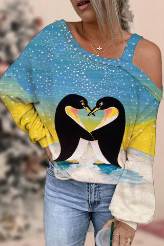 Penguins In Love Print Off-shoulder Blouse