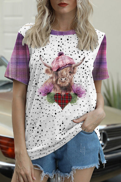 Plaid Highland Cow Bleached T-Shirt