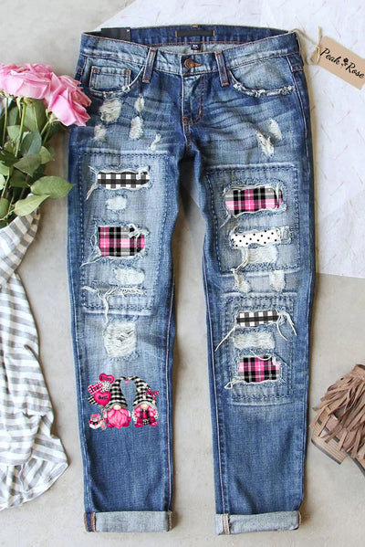 Gnomes Love Heart-Shaped Balloons Plaid Polka Print Denim Jeans