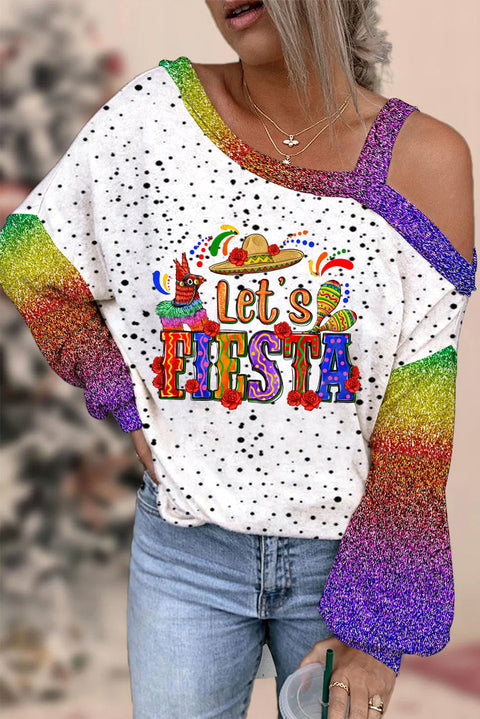 Let's Fiesta Mexican Festival Cinco De Mayo Printed Off-Shoulder Blouse