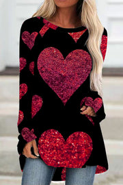 Glitter Red Heart Sparkles Print Loose Tunic