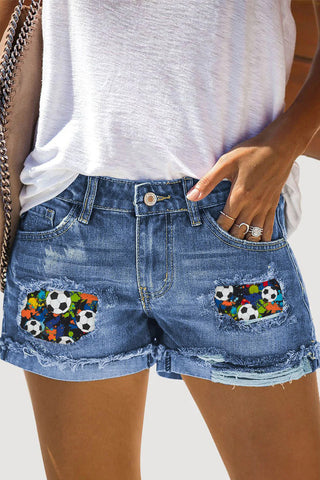 Splatter Retro Soccer Ball Soccer Mom Print Denim Shorts