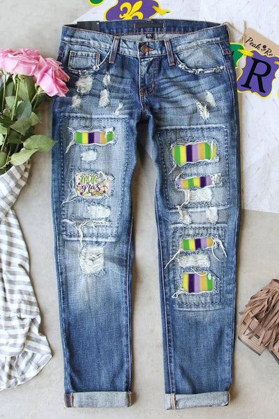 It's Mardi Gras Y'all Fleur De Lis Striped Casual Print Ripped Jeans