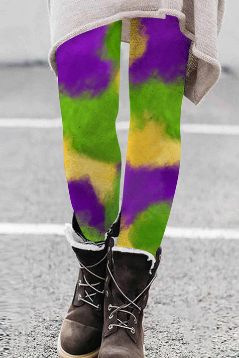 Vintage Mardi Gras Carnival Purple Green And Gold Splash Color Block Print Leggings