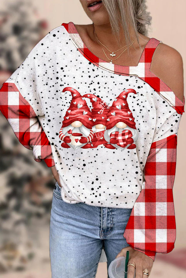 Gnomes Print Red Plaid Off-shoulder Blouse