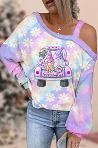 Happy Easter Truck & Gnomes Daisy Rainbow Gradient Printed Off-Shoulder Blouse