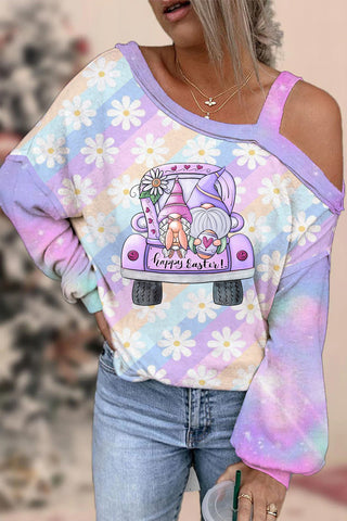 Happy Easter Truck & Gnomes Daisy Rainbow Gradient Printed Off-Shoulder Blouse