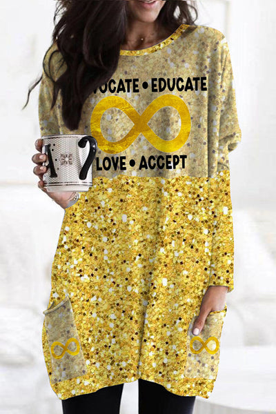 Advocate Educate Love Accept Gold Infinity Symbol Print Tunic with Pockets