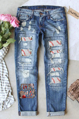 Baseball Mom With Peanuts Leopard  Printed Ripped Denim Jeans